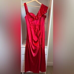 Red Satin One-Shoulder Ruffle Maxi Dress